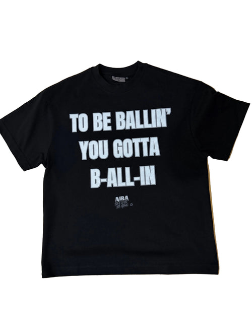 Black "ALL-IN" T-shirt by NBASayLessDoMore featuring a classic fit and bold design on the front.