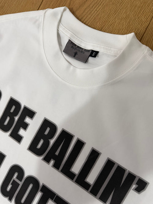 White "ALL-IN" T-shirt by NBASayLessDoMore, front view showcasing the plain white cotton tee with "ALL-IN" graphic.